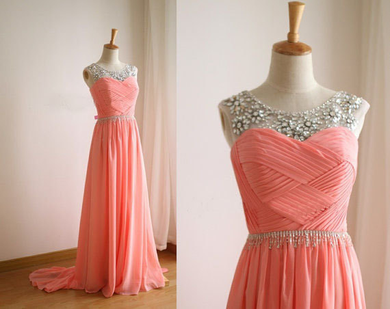 A Line Chiffon Beading Handmade Formal Dress, Evening Dress, Pink Long Prom Dress, Bridesmaid Dress El0011